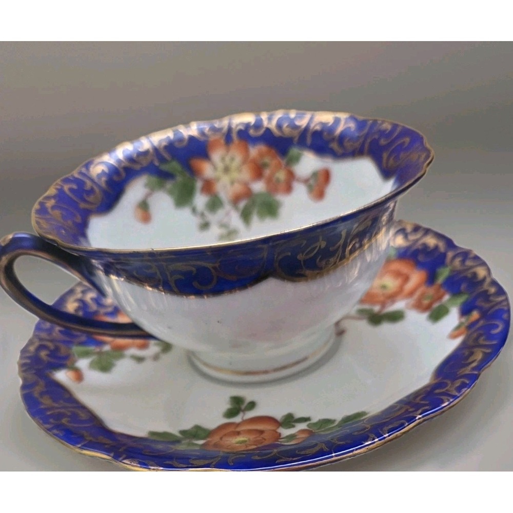 Antique Victoria Austria Teacup and Saucer Set, Cobalt Blue & Gold Filigree Gilt